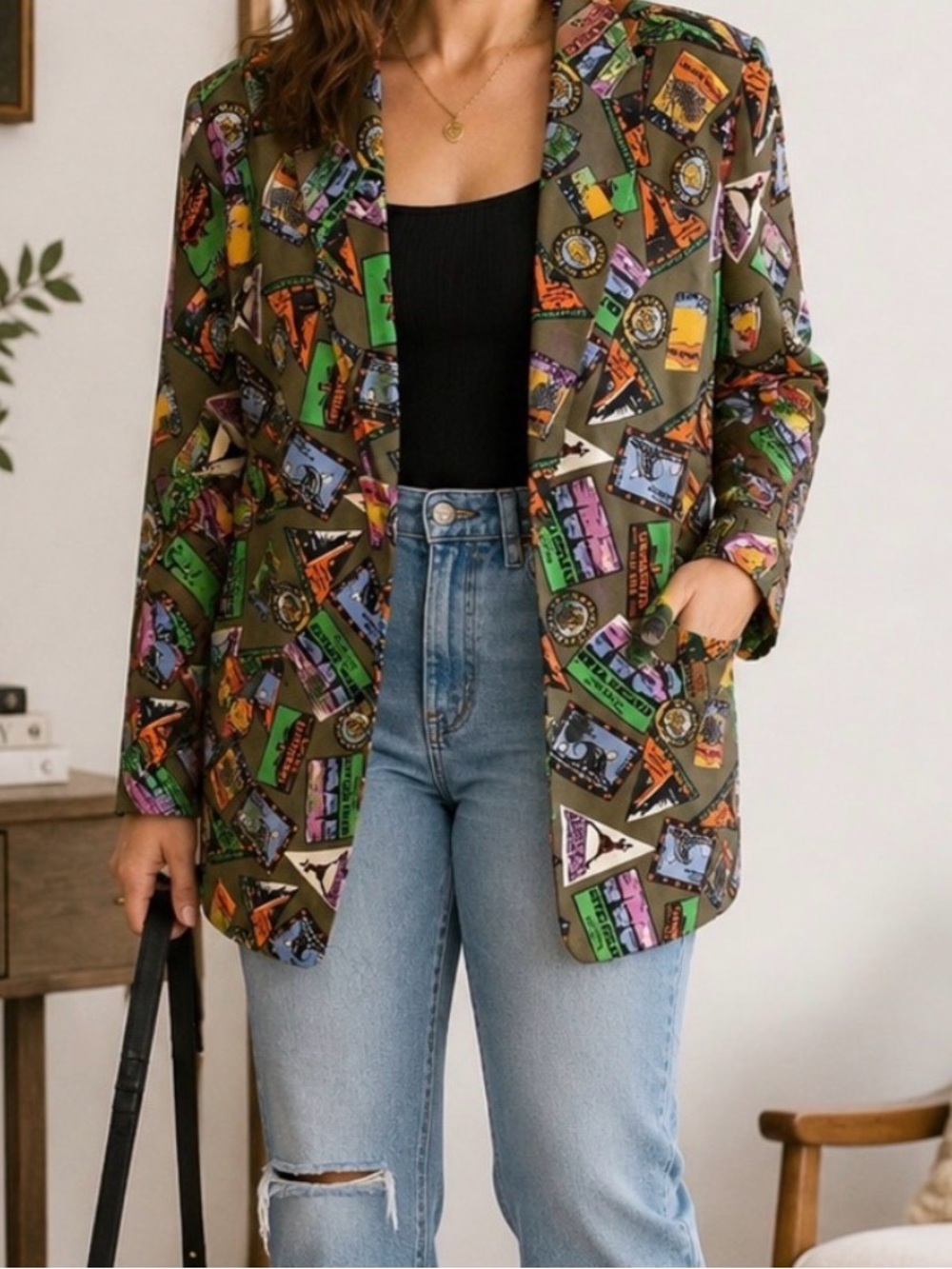 Vintage Carol Horn Workshop Art Travel Stamp Boyfriend Blazer SZ Small